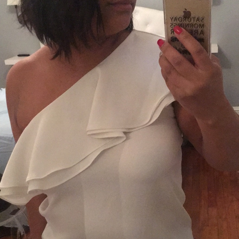 White one shoulder blouse ruffles